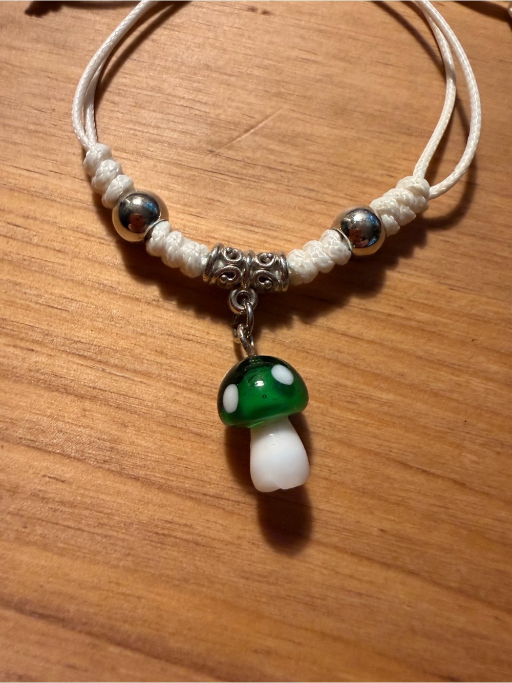 White Cord Bracelet with Green Mushroom Charm - Women Jewelry - Picture 2 of 2